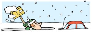 Cartoon of a person digging their car out of the snow. 